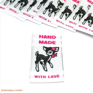 Textilní etiketa HAND MADE with love 50mmx25mm růžová se srnečkou
