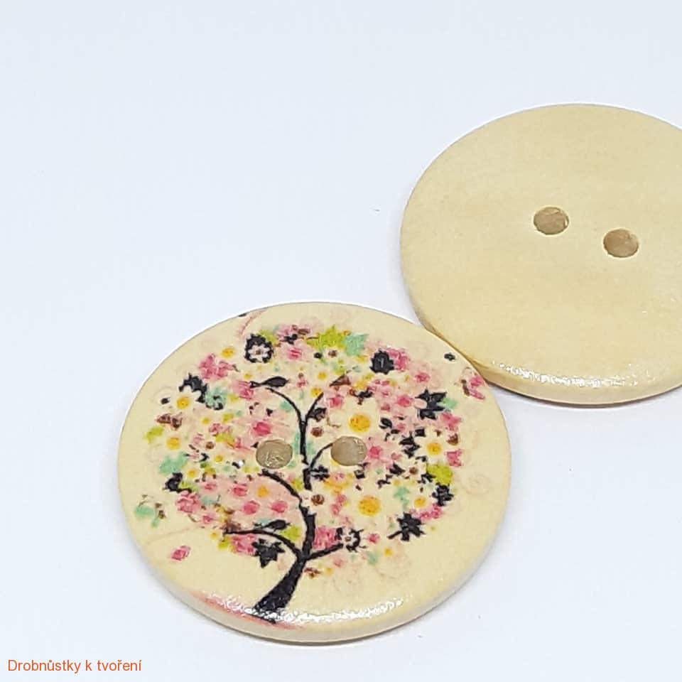 Knoflík dřevěný 30 mm barevný strom kvetoucí