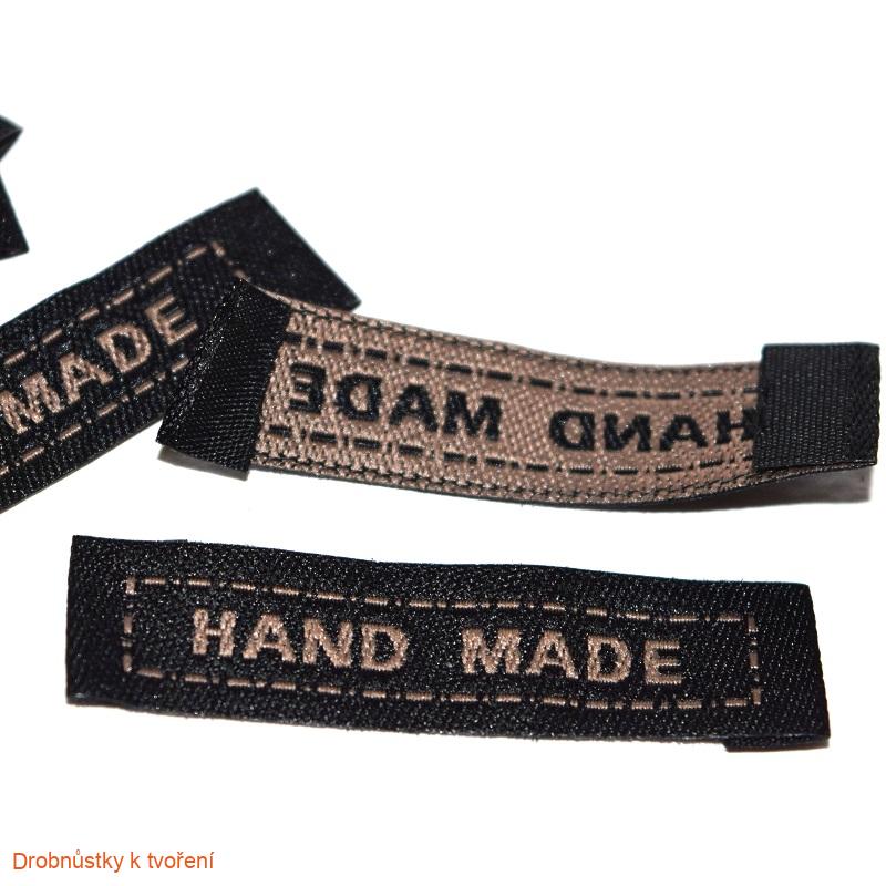 Hand Made...textilní etiketa 45 x 10 mm černo-hnědá