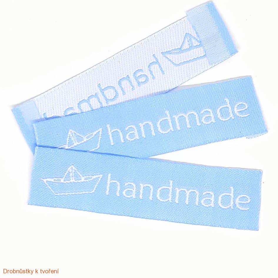 Hand Made...textilní etiketa 60 x 15 mm modrá