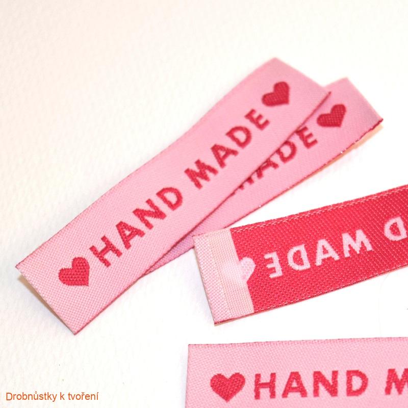 Hand Made...textilní etiketa 60 x 15 mm srdíčka růžová