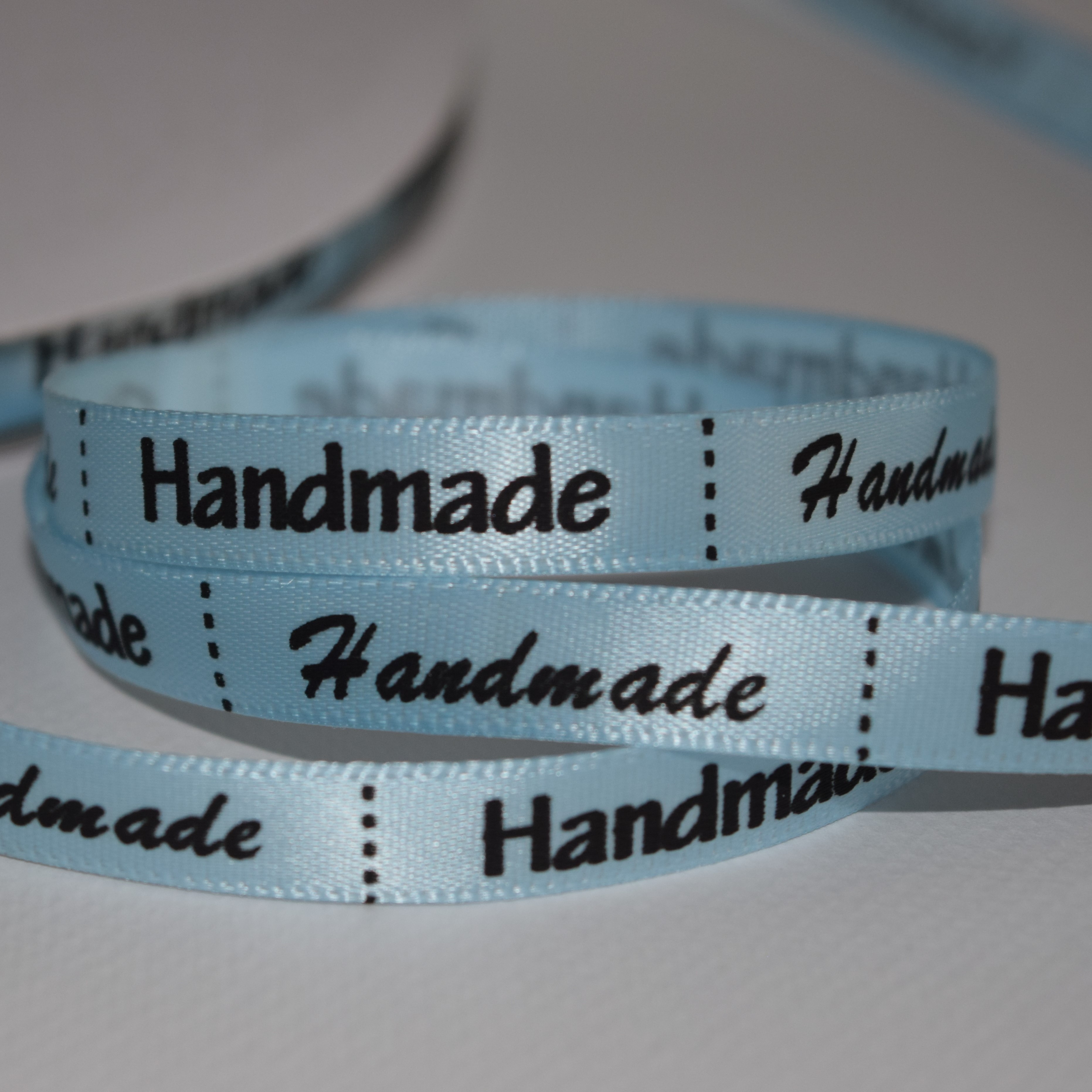 Hand Made...saténová stuha etiket  /5 x 1 cm/ 10 ks modrá