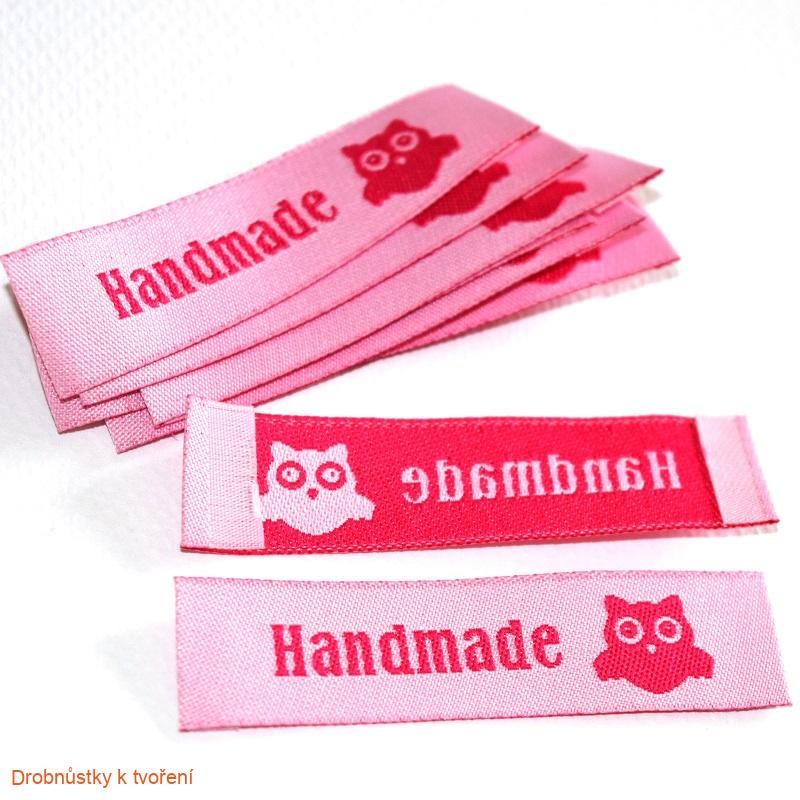 Hand Made...textilní etiketa 60 x 15 mm sova sovička růžová