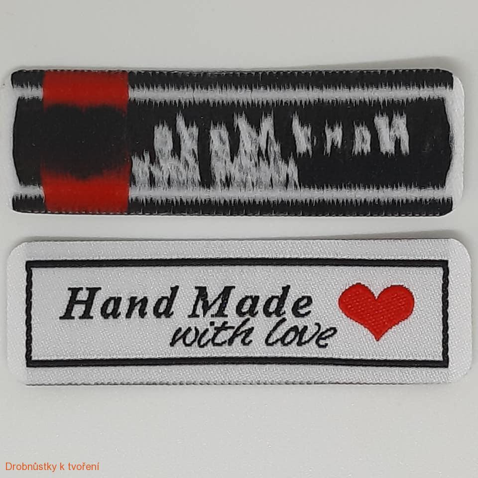 Hand Made with love...textilní etiketa 62 x 18 mm nažehlovací