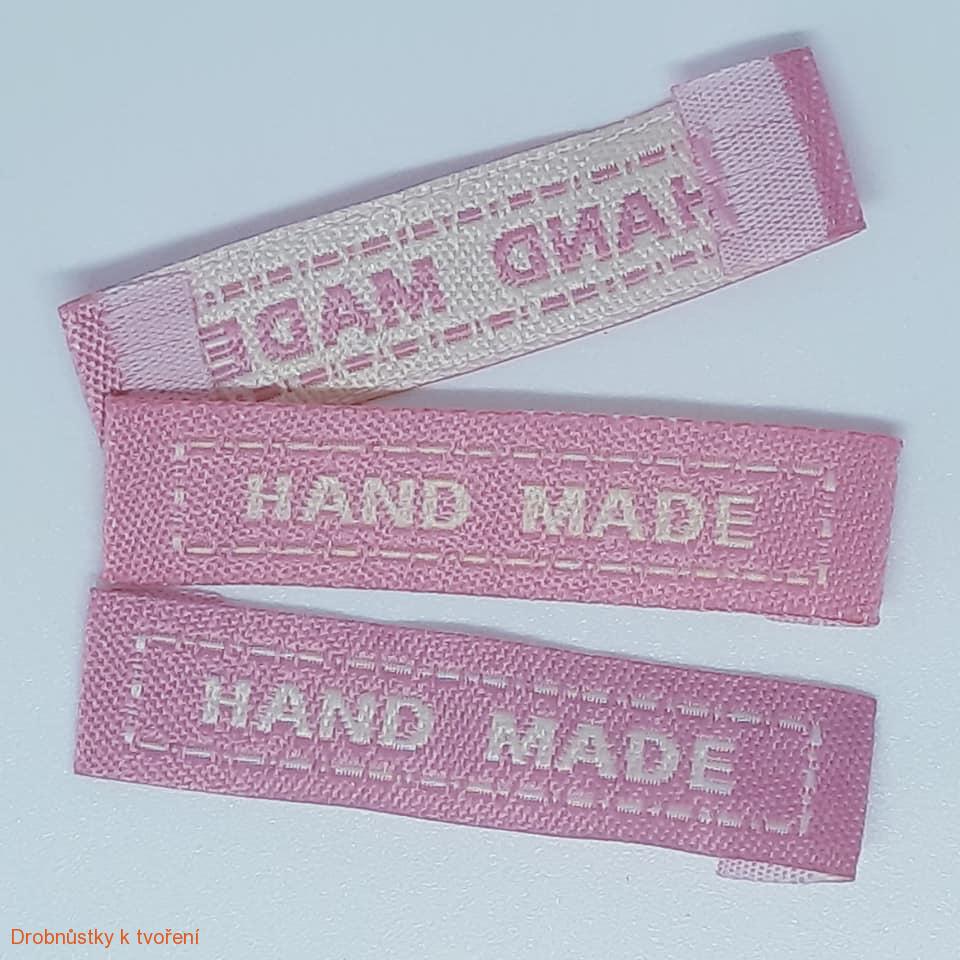 Textilní etiketa HAND MADE 45 x 10 mm růžová