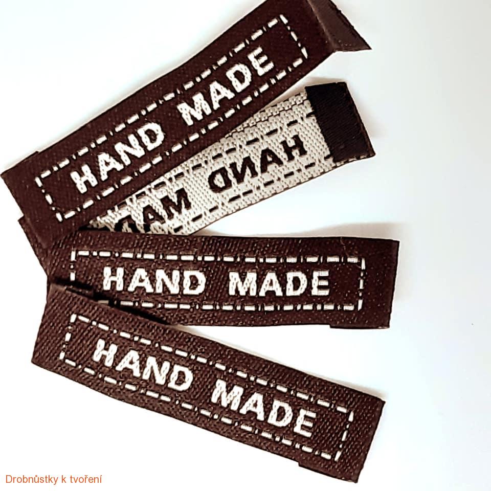 Hand Made...textilní etiketa 45 x 10 mm bílo-hnědá