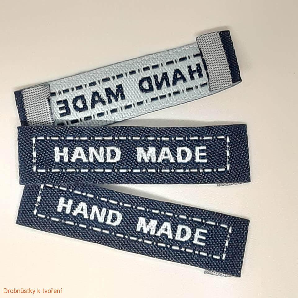 Hand Made...textilní etiketa 45 x 10 mm modrá