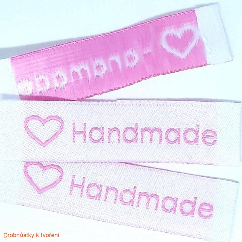 Hand Made...textilní etiketa 60 x 15 mm bílo-růžová