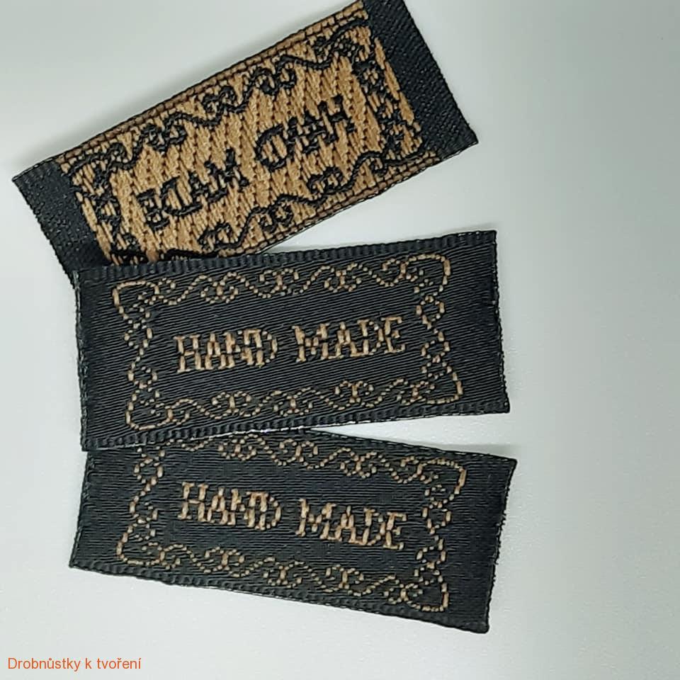 Hand Made textilní etiketa černohnědá 34x12mm