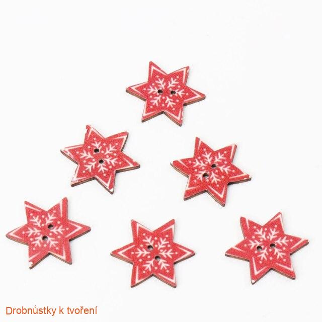 Dřevěný knoflík vánoční 23mmx23mm vločka červená