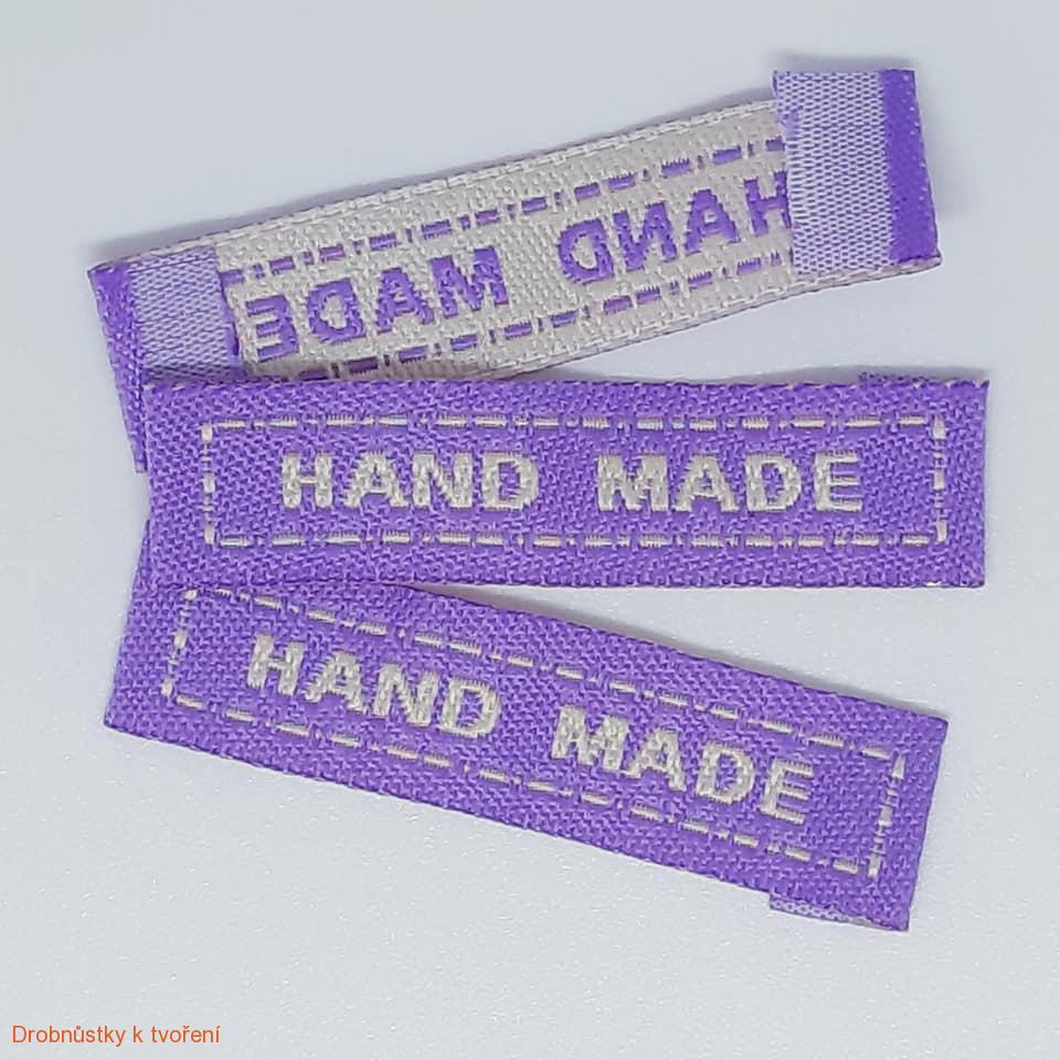 Hand Made...textilní etiketa 45 x 10 mm fialková