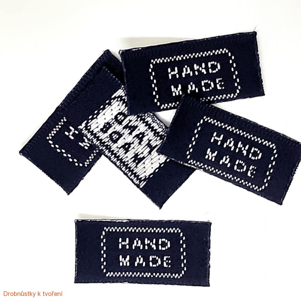 Hand Made...textilní etiketa 25 x 11 mm černobílá