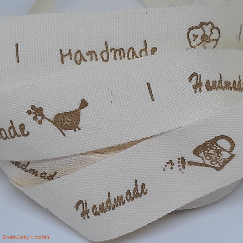 Hand Made...bavlněná stuha etiket  /cca5 x 1,5 cm/ 10 ks přírodní hnědý potisk