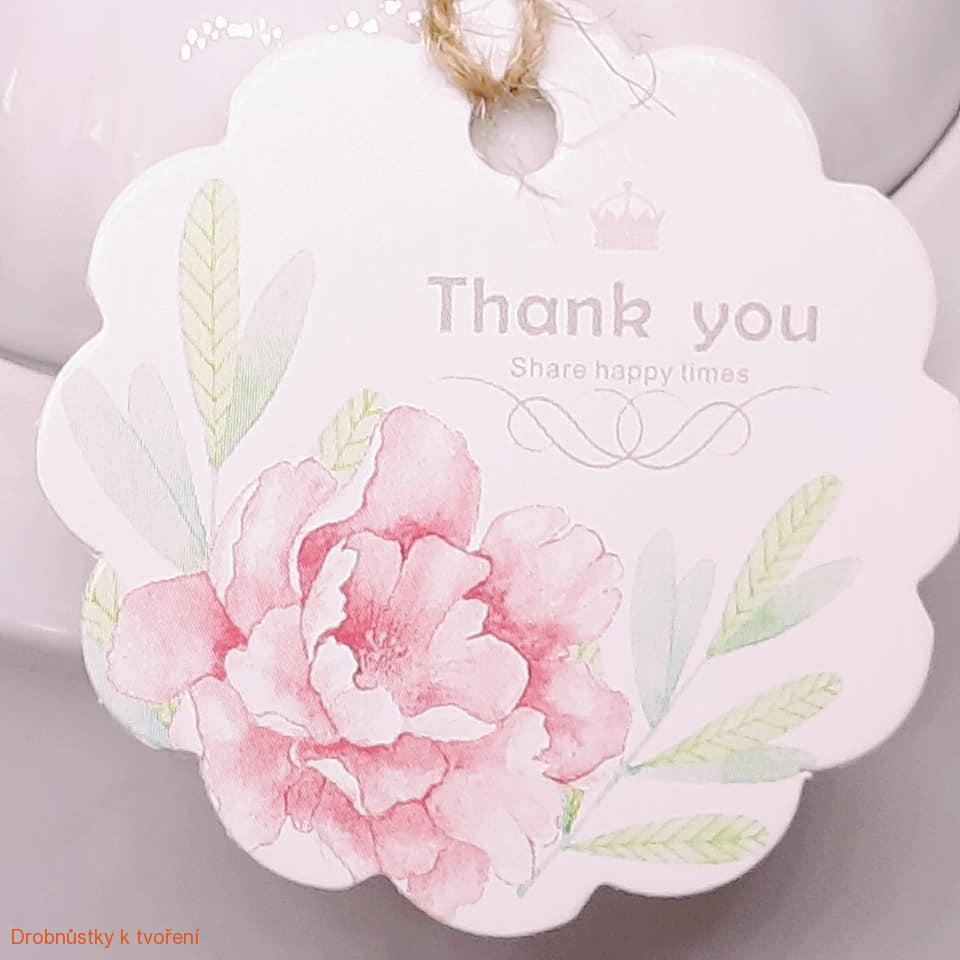 Papírová etiketa visačka 50mm květinka Thank you