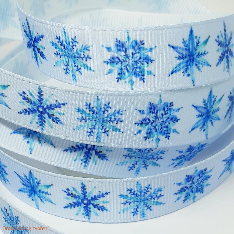 Stuha vánoční bílá s modrýma vločkama 16mm