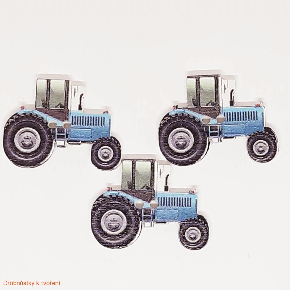 Dřevěný knoflíček traktor traktůrek 30x22mm modrý