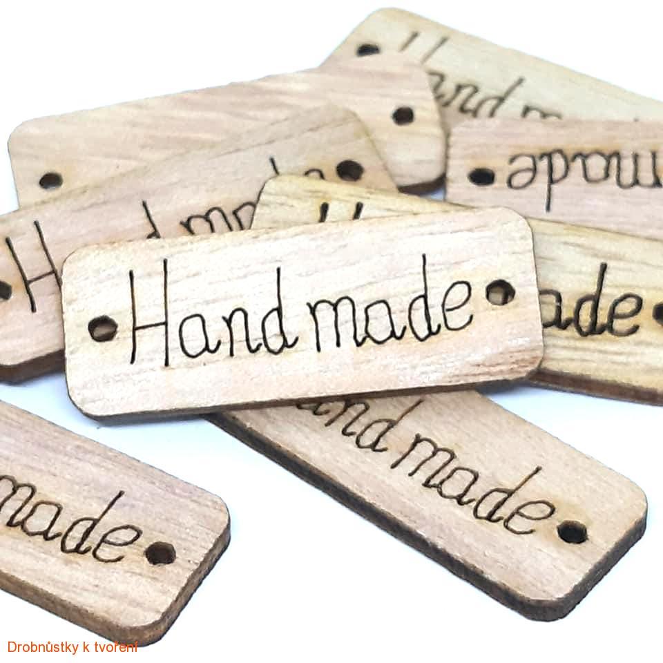 Dřevěný knoflíček štítek Handmade 40x15 mm