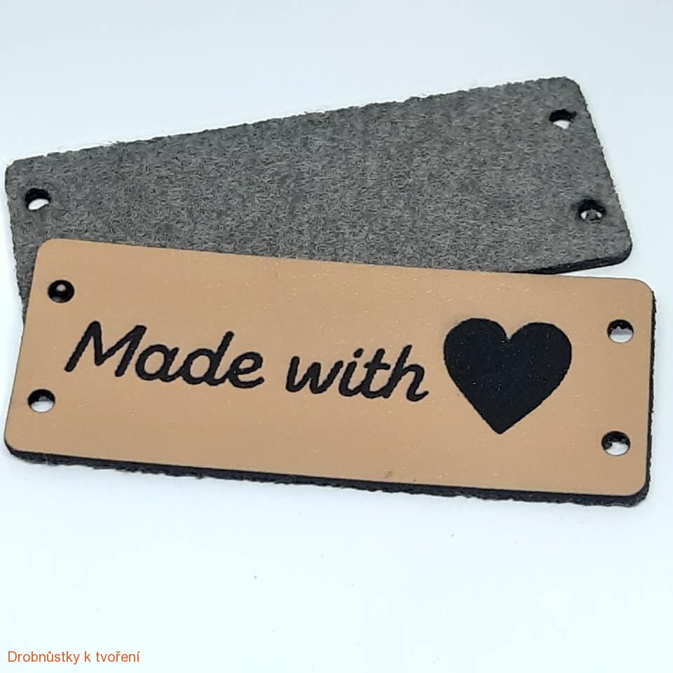 Koženkový štítek Made with love našívací 50x20mm hnědý
