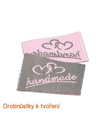 Handmade textilní etiketa šedorůžová se srdíčky 25x15mm
