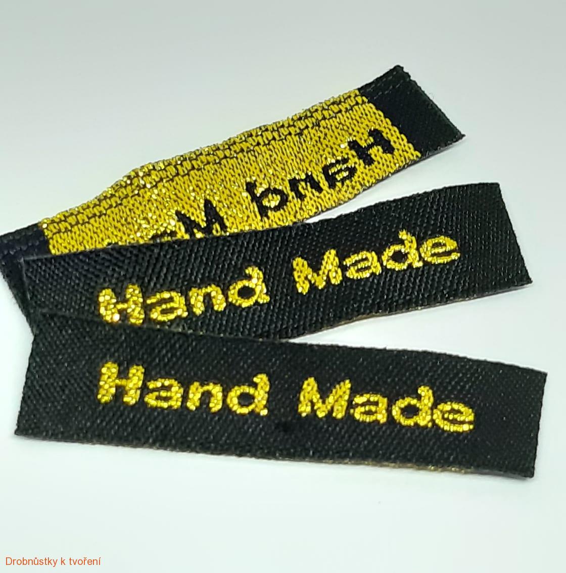 Handmade textilní etiketa 45x10mm černá se zlatým písmem