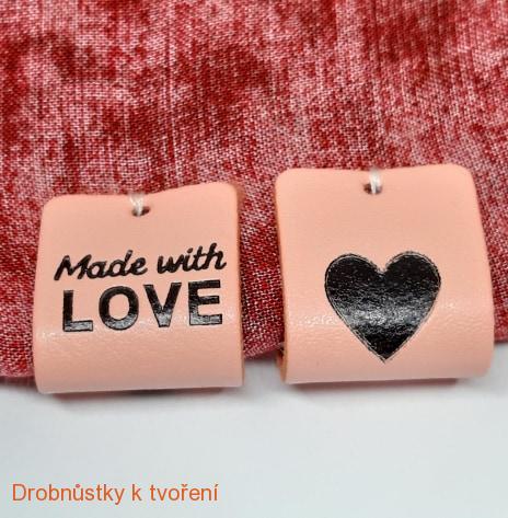 Koženkový štítek Made with love našívací oboustranný 50x20m lososový