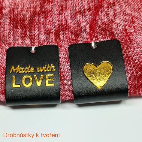 Koženkový štítek Made with love našívací oboustranný 50x20m černý