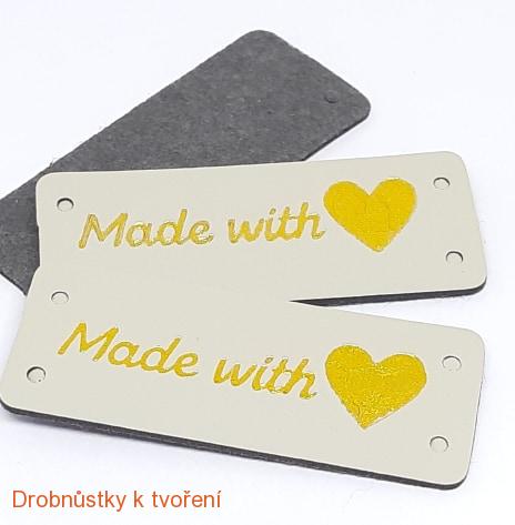 Koženkový štítek Made with love našívací 50x20mm šedý