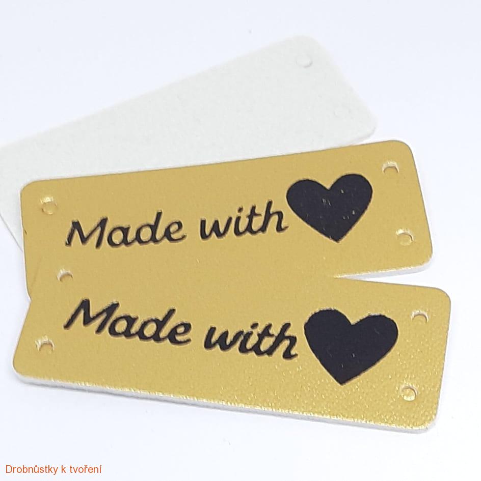 Koženkový štítek Made with love našívací 50x20mm zlatý