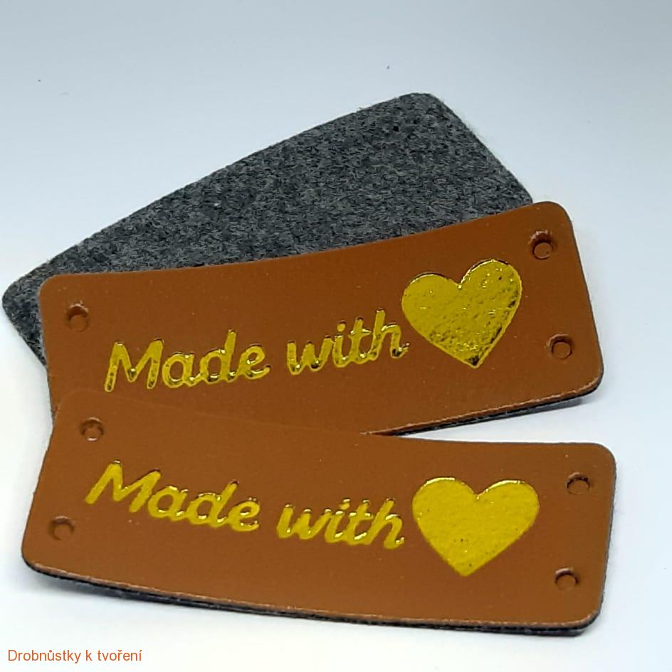 Koženkový štítek Made with love našívací 50x20mm hnědý