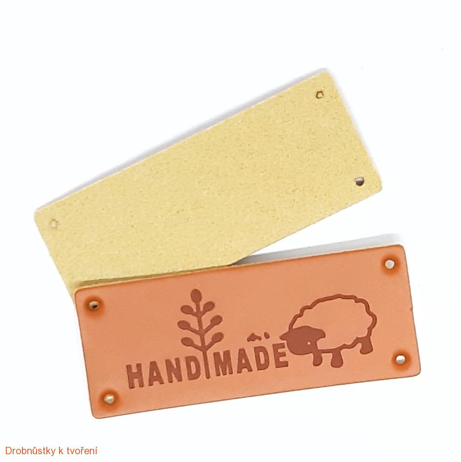 Koženkový štítek HANDMADE s ovečkou 50mmx20mm