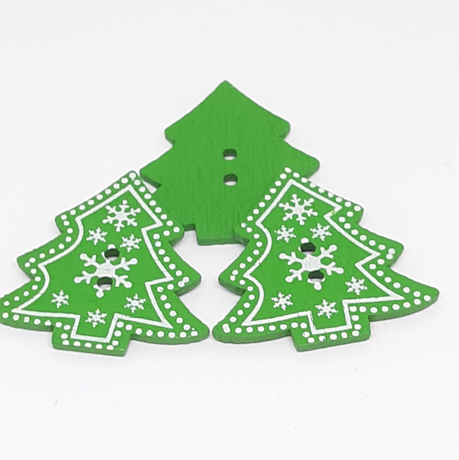 Dřevěný knoflík vánoční 32 x 30 mm stromeček  zelený