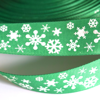 Stuha rypsová zimní vánoční vločky zelená 25 mm 