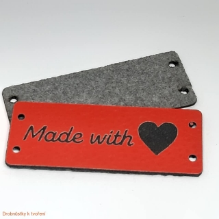 Koženkový štítek Made with love našívací 50x20mm červený