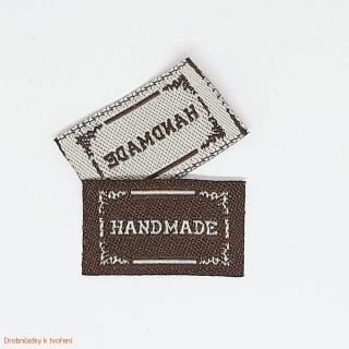 Handmade textilní etiketa hnědá s ornamenty 25x15mm