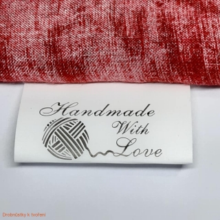 Textilní etiketa Handmade with love z pratelného papíru 27x40mm klubko klubíčko