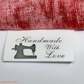 Textilní etiketa Handmade with love z pratelného papíru 27x40mm šicí stroj