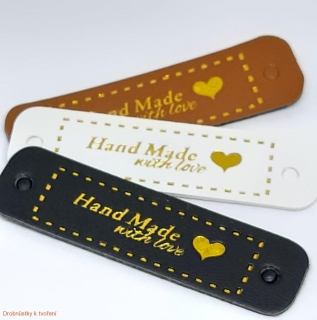 Koženkový štítek Handmade with love se zlatým písmem 55x15mm