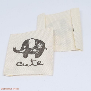 Textilní etiketa 30x35mm označení "cute" slon sloník s kytičkami