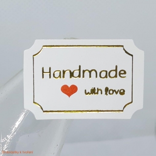 Hand Made with love etiketa nálepka bílá se zlatým písmem - 12 ks/bal