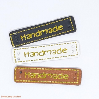 Koženkový štítek Handmade 40x10mm se zlatým písmem