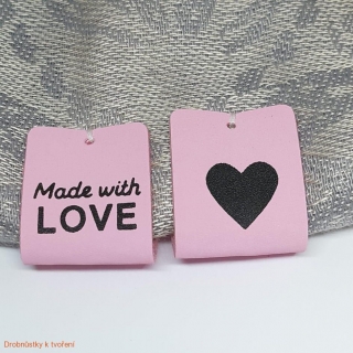 Koženkový štítek Made with love našívací oboustranný 50x20m růžový