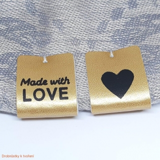 Koženkový štítek Made with love našívací oboustranný 50x20m zlatý