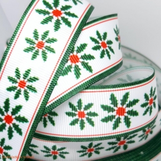 Stuha rypsová 25mm zelená s vánočním vzorem