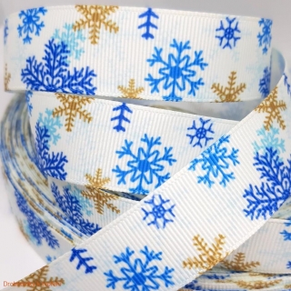 Stuha rypsová 22mm vánoční bílá s modrozlatýma vločkama