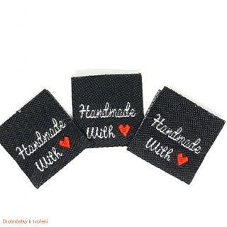 Textilní etiketa Handmade with love černá 20mmx20mm