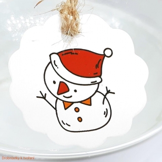 Papírová etiketa visačka vánoční sněhuláček 40mm