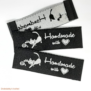 Textilní etiketa Handmade with love černá s kočičkou 50mmx15mm