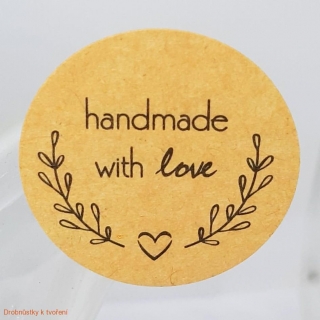 Etiketa nálepka handmade with love ♥ 25mm přírodní 16ks/bal