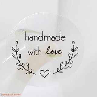 Etiketa nálepka handmade with love ♥ 25mm průhledná 16ks/bal