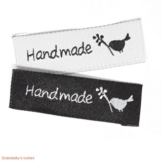 Textilní etiketa Handmade s ptáčkem 45mmx15mm